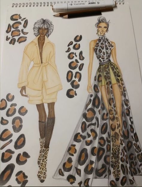 Safari Style Fashion, Tiger Dress, Fashion Illustration Face, Fashion Illustration Tutorial, Fashion Figure Drawing, Fashion Illustrations Techniques, Dress Illustration, Leopard Prints, Dress Design Drawing