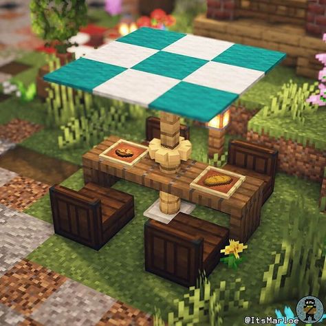 Outdoor Patio Ideas Minecraft, Picnic Bench Minecraft, Minecraft Hangout Ideas, Mincraft Idea Outdoor, Minecraft Porch Decor, Minecraft Picknick Table, Patio Minecraft Ideas, Minecraft Grill Ideas, Bbq Minecraft