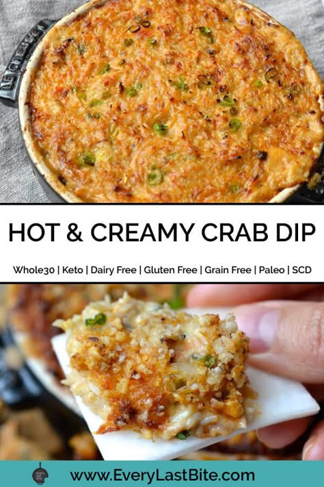 This Whole30 Crab Dip  is a real crowd pleaser (and no one will ever guess that it's Dairy Free).  It's deliciously creamy with chunks of crab. This dip is Paleo, Keto, Whole30, Dairy Free, Gluten Free and Specific Carbohydrate Diet Legal. Dip Dairy Free, Paleo Easter, Creamy Crab Dip, Dip Recipes Hot, Vegan Crab, Paleo Appetizers, Hot Crab Dip, Easy Whole 30 Recipes, Creamy Crab