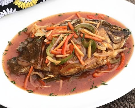 Tilapia Escabeche Fish Recipe Filipino, Sweet And Sour Fish Recipe, Fish Escabeche, Escabeche Recipe, Panlasang Pinoy Recipe, Tilapia Recipes, Dinner With Ground Beef, Mediterranean Cuisine, Baked Fish