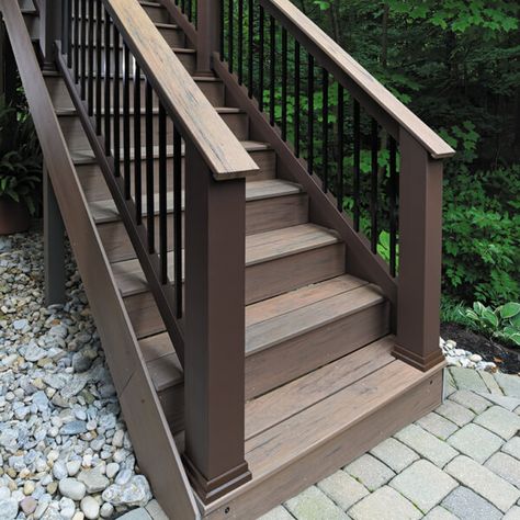 Railings for Composite Decking | TimberTech Lattice Ideas, Deck Stair Railing, Composite Deck Railing, Deck Railing Design, Laying Decking, Deck Steps, Wooden Deck, Deck Designs Backyard, Deck Stairs