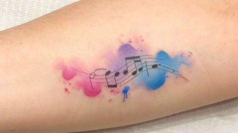 Watercolor Tattoo Music, Flute Tattoo, Collar Tattoo, Small Watercolor Tattoo, Mandala Tattoo Sleeve, Music Notes Tattoo, Health Tattoo, Rainbow Tattoos, Band Tattoo Designs