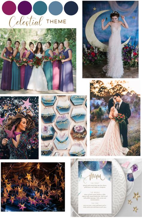 Gorgeous celestial wedding color palette, theme ideas, inspiration, stationery and products. #celestialwedding #celestialweddingthemecolorschemes #celestialweddingideas #celestialweddingreception #celestialjeweltonewedding #2022weddingtrends #2022weddingtrendscolorschemes #2022weddingcolors #purpleandbluewedding #purpleandbluecelestialwedding Royal Colors Wedding, Starry Night Wedding Colors, Celestial Wedding Party, Celestial Wedding Palette, Galaxy Wedding Color Palette, Colorful Celestial Wedding, Starry Night Wedding Color Palette, Star Wars Wedding Color Scheme, Celestial Color Palette Wedding