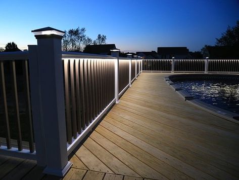 TRANSFORM RAIL Outdoor Deck Lighting Ideas, Porch Decking, Wire Deck Railing, Deck Lighting Ideas, Deck Step, Deck Rails, Deck Sealing, Deck Step Lights, Outdoor Deck Lighting