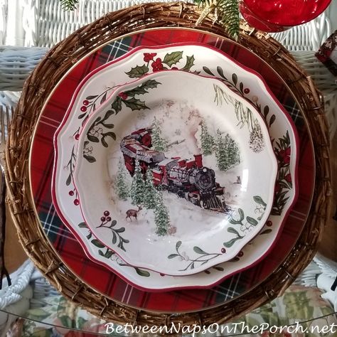 Christmas Table Setting, Better Homes & Gardens Christmas Train Plates Country Tablescapes, Christmas China Patterns, Tablescapes Christmas, Christmas Tables, Christmas Dinner Plates, Plate Setting, Christmas Table Setting, Brambly Hedge, Old World Christmas Ornaments