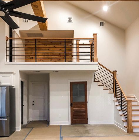 @home_at_sunset on Instagram: “Stair rail complete!🖤 #barn #barndominium #barnhome #barndotour0101j #whitebarn #shophouse #farmhouse #lifeinabarn #drywall #sheetrock…” Stairs Up To Loft, Barndominium Ideas Interiors Simple, Stairs In Barndominium, Upstairs Barndominium, Mini Barndominium Interior, Barndo Staircase, Barndominium Staircase, Barndo Stairs, Small Barndominium Interior