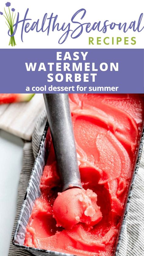 Easy Watermelon Sorbet in a tray. Watermelon Sherbet Recipe, Strawberry Coulis Recipe, Healthy Watermelon Sorbet, Watermelon Sorbet Recipes, Coulis Recipe, Seedless Watermelon, Dessert For Summer, Homemade Sorbet, Sorbet Is