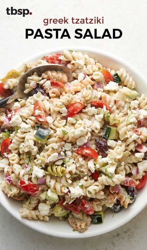 Grape tomatoes, chopped cucumber, kalamata olives, red onion and feta cheese — the gang’s all here! Combine this classic lineup with all the makings of a pasta salad, and you’re looking at the most requested side of summer. Tzatziki Pasta Salad, Tzatziki Pasta, Greek Tzatziki, Suddenly Salad, Heart Recipes, Greek Pasta, Summer Fitness, Cheese Making, Pasta Salads