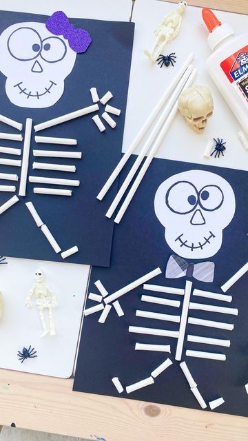 Kids Craft and Learning Page on Instagram: "Straw Skeletons 💀 follow @abcdeelearning for more kids crafts 💀Create a skeleton head out of white paper and make a face ✂️Cut some white paper straws and have the kids glue them into place to create a skeleton! 🎃Make a cute bow or bow tie to wear for each one! 💀This is a fun stem activity and craft for kids! 👻Check out ABCDeeLearning.com for 25+ Halloween craft ideas!" Fun Halloween Crafts For Kids, Junior Kindergarten, Skeleton Craft, Halloween Straws, Fun Stem Activities, Straw Crafts, Halloween Week, Halloween Songs, Fun Halloween Crafts