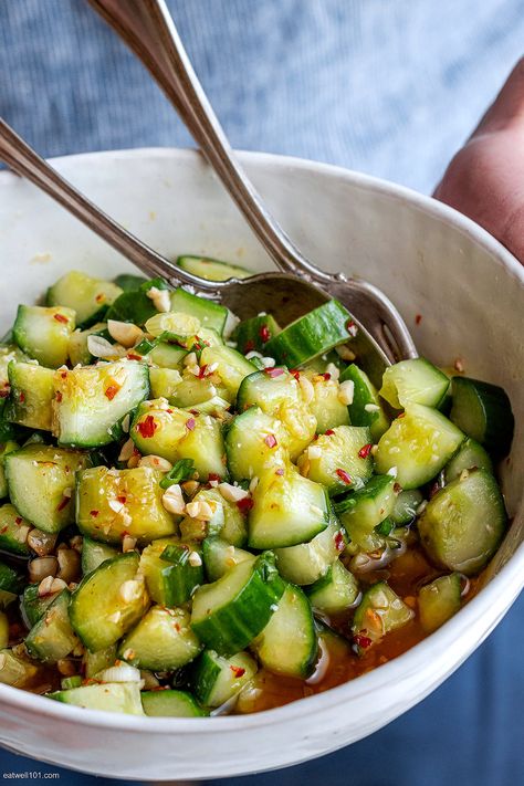 Marinated Cucumber Salad with Peanut and Honey Chili Sauce - #cucumber #salad #recipe #eatwell101 - Our marinated cucumber salad is a perfect sweet and spicy combo. Try this cucumber salad with peanut and honey chili sauce for your next al fresco dinner! - #recipe by #eatwell101® Marinated Cucumber Salad, Peanut Sauce Cucumber Salad, Cucumber Salad Peanut Sauce, Asian Cucumber Salad Recipe With Peanut Butter, Peanut And Chili Oil Cucumber Salad, Spicy Cucumber Salad Asian, Smashed Cucumber Salad, Japanese Cucumber, Peanut Salad