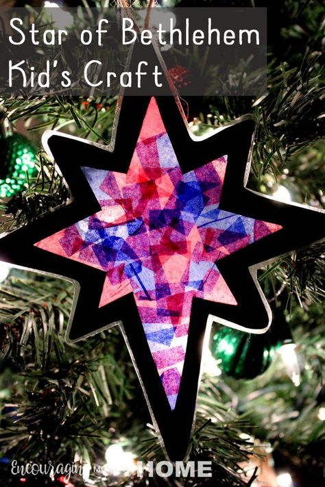 Star of Bethlehem Craft for Kids - make a beautiful make a christmas ornament children will remember and point them to Jesus, light of the world with this fun Bible craft activity for your Advent celebration. Christmas Catholic Crafts For Kids, Diy North Star Ornament, Christian Christmas Party Ideas For Kids, Bethlehem Crafts For Kids, Sunday School Ornament Craft, Christmas Star Preschool Crafts, Advent Crafts For Kids Catholic, Catholic Christmas Crafts For Kids, Sunday School Christmas Ornaments