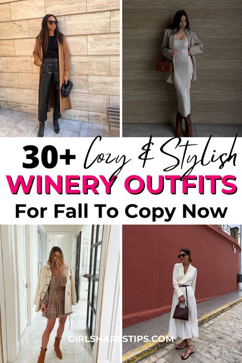 From chunky knit sweaters paired with rustic boots to elegant layered ensembles, this list of 30+ cozy and chic fall winery outfit ideas will have you looking fabulous as you sip on your favorite wine. | Winery outfit | winery outfits | winery outfit fall | fall wine tasting outfit | winery outfit fall | napa wine tasting outfit | winter wine tasting | winery outfit ideas, winery wedding outfit ideas | what to wear to a winery | Bachelorette winery outfit | winery outfit fall wine tasting Winery Outfit Spring 2024, January Wine Tasting Outfits, Winter In Napa Outfit, Call Wine Tasting Outfit, Wine Tasting Outfit Cold Weather, Winter Winery Outfit 2023, Winery Outfit Winter Black Women, Napa Chic Outfit, Fall Wine Tasting Outfit What To Wear