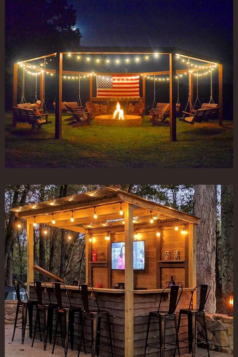 Would you prefer the fire pit with the open swings or a fully functioning DYI bar area? Dyi Bar, Outdoor Fire Pit Seating, Diy Backyard Patio, Fire Pit Landscaping, Outdoor Gazebo, Fire Pit Seating, Pergola Design, Backyard Bar, Small Backyard Gardens