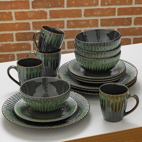 Stoneware Dinner Sets, Rustic Dinnerware, Green Dinnerware, Stoneware Dinnerware Sets, Green Bowl, Stoneware Dinnerware, Christmas Dining, Ceramic Dishes, Serving Piece