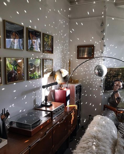 Living Room With Disco Ball, Disco Ball Apartment Aesthetic, Disco Themed Apartment, Disco Ball In Apartment, Apartment Disco Ball, Disco Balls Bedroom, Bedroom With Disco Ball, Disco Ball In House, Dorm Disco Ball