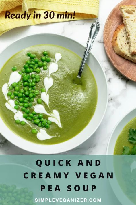 QUICK AND CREAMY VEGAN PEA SOUP - Simple Veganizer High Protein Vegan Recipes, Vegan Sour Cream, High Protein Vegan, Pea Soup, Vegan Comfort Food, Vegan Soup, Homemade Soup, Vegan Dinner Recipes, Vegan Recipes Healthy