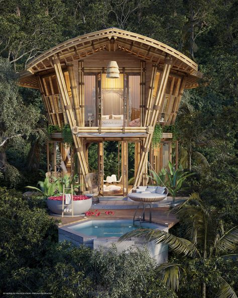 Tree Tent Camping, Bamboo Villa, Glass Rooms, Eco Houses, Resort Design Plan, Bamboo Roof, Bali Style Home, Bamboo House Design, Garden Pond Design