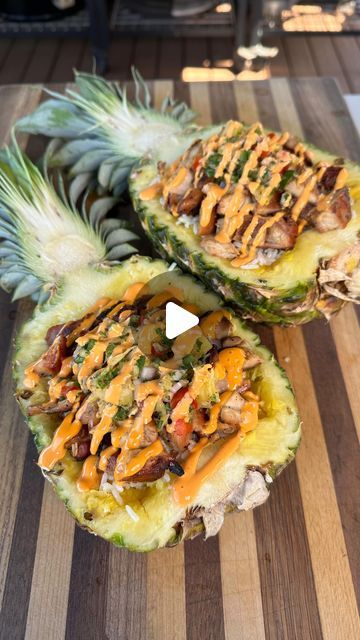 Maciej Zurawski on Instagram: "Teriyaki chicken pineapple boats. If you’re looking for a fun recipe for the summer, you found it! I got everything from my local @marianosmarket    Split the pineapple in half, scoop out the inside and save it to make the salsa. I added pineapple, red bell pepper, jalapeno, red onion, cilantro, lime juice and my AP rub. Mix it well and set it aside.   I used chicken thighs and marinated them in a teriyaki marinade. They hit the grill over high direct heat, flip every few minutes and brush on some of the reserved marinade at the end. Chop up the chicken and assemble the boats. Rice, chicken, pineapple salsa and sriracha mayo on top.   Easy and delicious!  #grillinwithdad #chicken #grilledchicken #pineapple #recipe #dinnerideas #bbq #grill #foodie" Stuff Pineapple Boats, Pineapple Chicken Boats, Sticky Pineapple Chicken, Pineapple Boats Recipes, Pineapple Bowl Recipe, Teriyaki Pineapple Chicken, Pineapple Boats, Grilled Chicken Drumsticks, Pineapple Rice