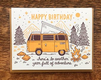 Happy Birthday Card, Birthday Adventure, Birthday Volkswagen Bus Card, Letterpress Birthday Card, Letterpress Folded Card, Blank Inside Letterpress Birthday Card, Bicycle Cards, Paper Press, Bus Card, Greeting Card Envelope, Letterpress Cards, Volkswagen Bus, Happy Birthday Card, Card Birthday