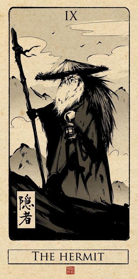 Japanese Inspired Art, Hermit Tarot, The Hermit Tarot, Tarot Tattoo, Symbolic Art, The Hermit, The Hanged Man, The Hierophant, Traditional Ink