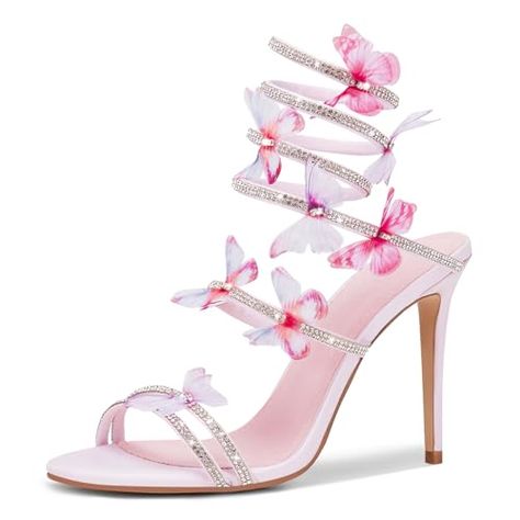 VOZTOLLS Women's Butterfly Rhinestone High Heels Open Round Toe Spiral Wrap Strappy Dress Stiletto Sandals For Party Evening Wedding Spiral Heels, Butterfly Heels, Butterfly Rhinestone, Dr Shoes, Runway Shoes, Rhinestone High Heels, Stylish Heels, Lace Up High Heels, Ankle Wrap Sandals