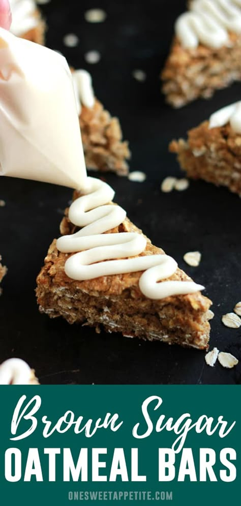 Cinnamon Brown Sugar Oatmeal Bars | One Sweet Appetite Maple Brown Sugar Oatmeal, Oatmeal Bars Healthy, Vanilla Frosting Recipes, Cinnamon Bars, Oatmeal No Bake Cookies, Oatmeal Bars Recipes, Quaker Oatmeal, Oatmeal Squares, Breakfast Bars Healthy