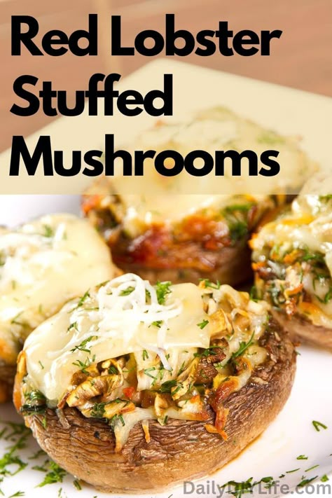 These Red Lobster Stuffed Mushrooms are inspired by my favorite appetizer at one of my favorite chain restaurants. It’s time to share my perfect recipe! Copycat Red Lobster Stuffed Mushrooms, Red Lobster Crab Stuffed Mushrooms, Red Lobster Stuffed Mushrooms Recipe, Red Lobster Copycat Recipes, Red Lobster Broccoli Recipe, Recipes With Lobster, Lobster Stuffed Mushrooms Recipe, Red Lobster Stuffed Mushrooms, Lobster Stuffed Mushrooms