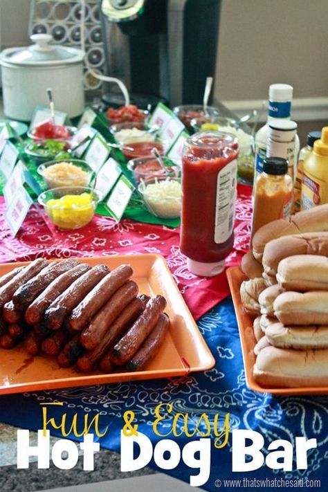 Fun & Easy Hot Dog Bar at thatswhatchesaid.com #ad #FinestGrillathon Hot Dog Bar Ideas, Hamburger Bar, Grilling Party, Hot Dog Party, Food Bar Ideas, Party Food Bars, Party Food Bar, Hot Dog Bar, Grill Party