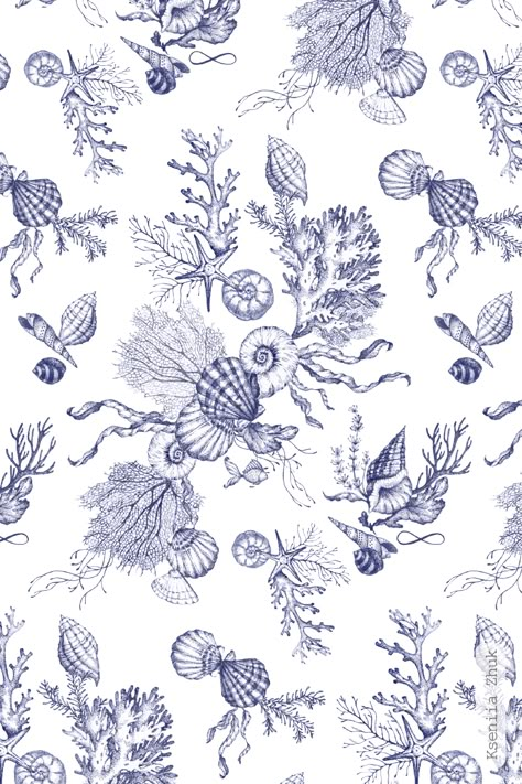 Toile De Jouy Pattern Prints, Sea Life Prints, Under The Sea Pattern, Sea Pattern Illustration, Costal Granddaughter Wallpapers, Marine Prints, Modern Fabric Patterns, Candle Decoupage, Marine Background