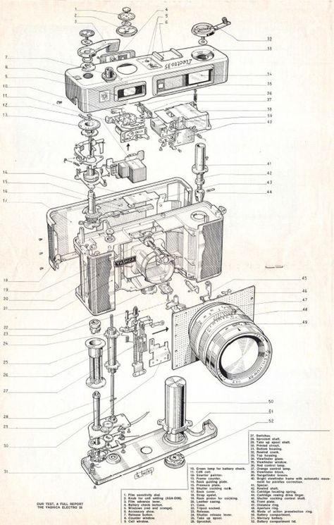 Peter Parker Camera, Camera Blueprint, Tv Sketch, Camera Drawing, Mechanical Engineering Design, Exploded View, Isle Of Dogs, Technical Illustration, Tattoo Photography