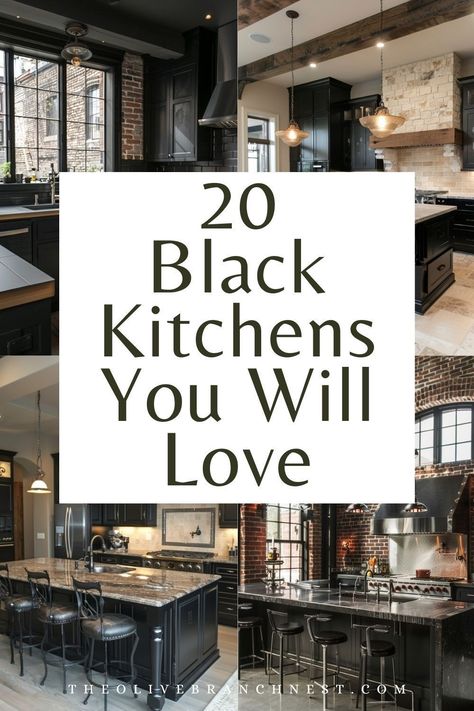 Step into the world of high-end design with black kitchen ideas that blend luxury with a bold aesthetic. Featuring sleek black cabinets against contrasting grey countertops, these designs create a moody ambiance perfect for those looking to make a statement in their home. Black Cabinets Kitchen With Gold Hardware, Black Cabinets With Cream Countertops, Black Cabinets Kitchen With Granite, Dark Tone Kitchen Design, Kitchen Black Bottom Cabinets, Tricorn Kitchen Cabinets, Black Cabinets White Walls Kitchen, Black Cabinets Granite Countertops, Two Tone Kitchen Black And Wood