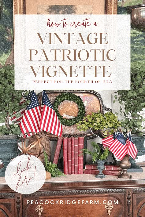 Patriotic Vignette, Vintage Patriotic Vignettes, Patriotic Kitchen Decor, Vintage July 4th Decorations, 4th Of July Exterior Decor, July Porch Decor, Patriotic Decor Ideas, Elegant Patriotic Decor, Vintage Memorial Day