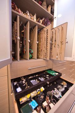 Slide Out Jewelry Storage in MBR Closet. Woman's Dream Walk In Closet - modern - Closet - New Orleans - Ultimate Storage Systems Dream Walk In Closet, Apartment Closet Organization, Jewelry Storage Cabinet, Jewelry Closet, Walking Closet, Modern Closet, Jewelry Drawer, Diy Drawers, Closet Organization Diy