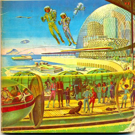 Reader's Digest NEW Reading Skills Reader from 1966 with a spectacular future world painting by Fred Freeman (1906-1988). Looky them jet packs! Way cool! Jet Pack, 70s Sci Fi Art, Arte Grunge, Retro Kunst, World Of Tomorrow, Arte Cyberpunk, Atomic Age, Pulp Art, Futuristic City