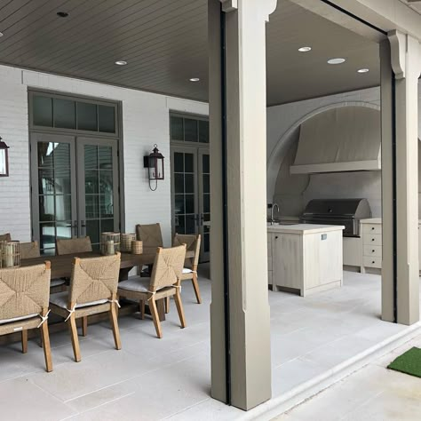 Retractable Screen Porch, Small House Renovation, Retractable Screens, Custom Home Ideas, Coastal Georgia, Coastal Architecture, Outside Kitchen, Grill Area, Retractable Screen