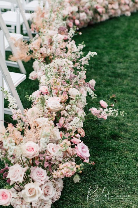 Florals Down Wedding Aisle, Wedding Floral Stage, Garden Wedding Floral Arrangements, Pink Aisle Flowers, Floral Aisle Wedding, Pink Ceremony Flowers, Pink Wedding Aisle, Flowers Wedding Altar, Arlington Estate Wedding