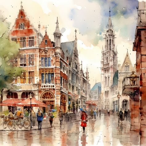 Watercolor Old Buildings, City Watercolor Painting, Watercolour Architecture, Watercolor Cityscape, Conceptual Model Architecture, Urban Artwork, Watercolor Scenery, Watercolor City, Oil Painting Inspiration