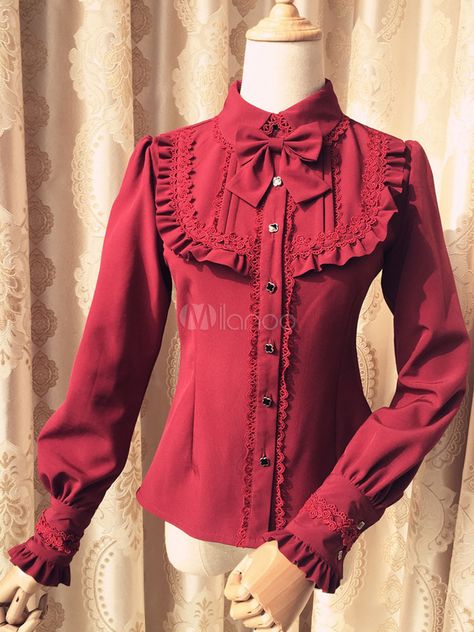 Y2k Aesthetic Fashion, White Ruffle Blouse, Diesel Punk, Velvet Shirt, Red Blouse, Red Long Sleeve, Turndown Collar, Sweet Lolita, Mori Girl