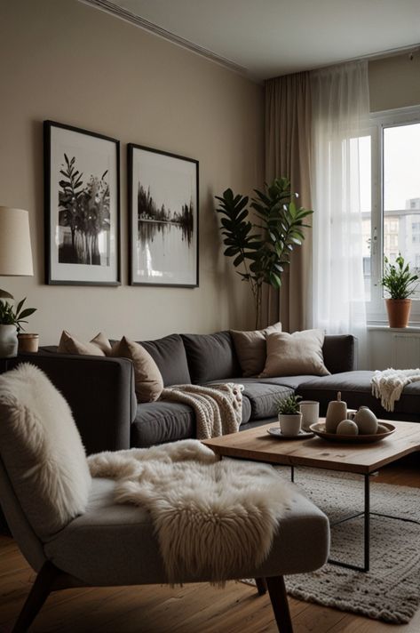 Modern Cozy Apartment Aesthetic, Rustic Apartment Decor Living Rooms, Basic Living Room Ideas, Romantic Living Room Ideas, Living Room Inspo Modern Cozy, Simple Cozy Living Room, Basic Apartment, Uncluttered Living Room, Warm Neutral Living Room