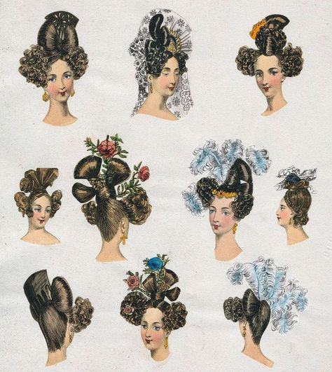 1830 Hairstyles, Hair Styles Retro, 17th Century Hair, 1830s Hair, 1800s Hair, Historical Fashion Victorian, Romanticism Fashion, 1800 Fashion, Matrix Hairstyle