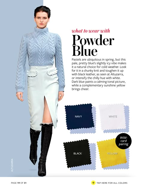 Powder Blue Powder Blue Color Combination, What To Wear With Navy Blue, Powder Blue Outfit Color Combos, Powder Blue Pants Outfit, Instyle Color Crash Course, Powder Blue Outfit, Powder Blue Sweater, Chambray Pants, Colour Combinations Fashion