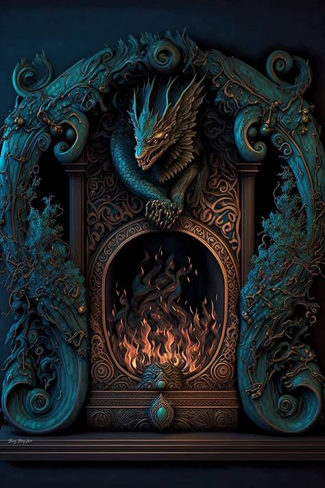 Fantasy Fireplace, Creative Room Design, Half Elf Bard, Gothic Homes, Fireplace Art, Fantasy House, Dragon Artwork, Mythological Creatures, Dream Room Inspiration