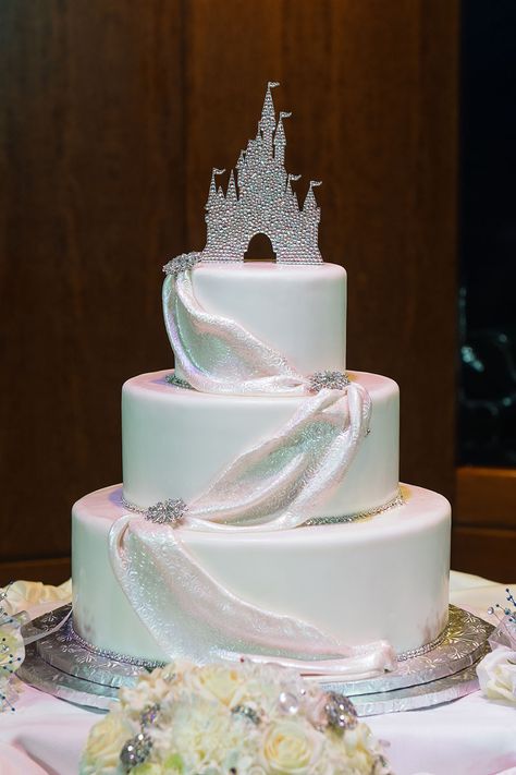 Wedding Cake Wednesday: Dazzling Elegance | Disney Weddings Wedding Cakes Disney, Disney Wedding Cakes Ideas, Disney Wedding Cake Designs, Wedding Cake Disney Theme, Subtle Disney Wedding Cake, Princess Wedding Cakes, Sleeping Beauty Wedding, Quince Cake, Peacock Cake