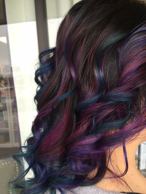 Mermaid hair...oil slick hair...galaxy hair Oil Slick Highlights, Oil Spill Hair, Peacock Hair Color, Oil Slick Hair Color, Rose Brown Hair, Galaxy Hair Color, Best Hair Color Ideas, Oil Slick Hair, Slick Hair