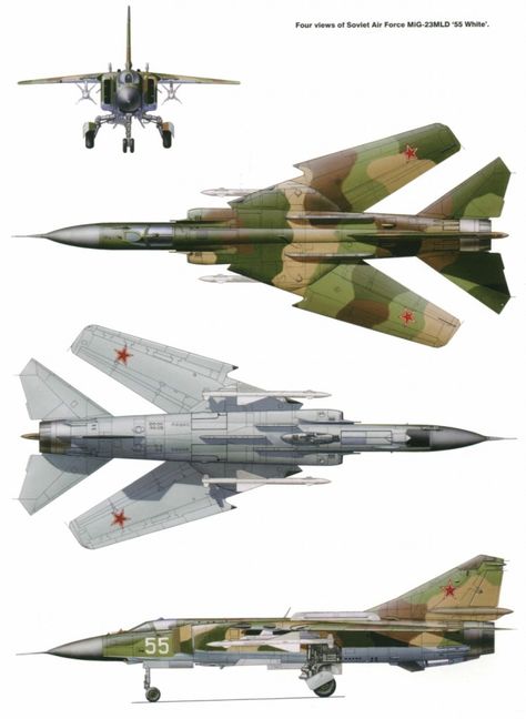 Mikoyan-Gurevich MiG 23 - An adept interceptor with fighter capabilities a level above those featured in the MiG-21 preceding it, especially range, the MiG-23 was nicknamed the "Flogger" by NATO for it could easily engage (and down) the best fighters the west had to offer. Like many Soviet fighters, it was developed in a multitude of variants, some of which still serve today. Mig 23, Mig 21, Aircraft Parts, Aircraft Painting, Military Airplane, Air Fighter, Military Jets, Aircraft Art, Jet Aircraft