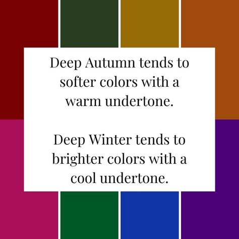 DEEP AUTUMN VS DEEP WINTER Comment “DEEP12” to learn more. What’s the difference in the dark seasons? 🌱 Warm vs cool undertones 🌱 Variations in contrast and intensity 🌱 Black or espresso? 🌱 Magenta vs rust Comment “DEEP12” for the in depth guide to distinguishing the dark seasons. #coloranalysis #coloranalyst #colouranalysisworks #colouranalysis #seasonalcoloranalysis #deepwinter #deepautumn #darkautumn #darkwintercolors #darkwinter #darkwinterpalette #darkautumncolors #darkautumnpalette... Deep Autumn Vs Deep Winter, Deep Autumn Palette, Radiant Woman, Autumn Dark, Deep Autumn Color Palette, Autumn Palette, Deep Autumn, Seasonal Color Analysis, Dark Autumn