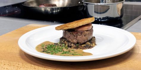 Deconstructed Beef Wellington – Andrew Zimmern Seared Beef Tenderloin, Seasoned Butter, Beef Wellington Recipe, Andrew Zimmern, Toast In The Oven, Date Night Recipes, Wild Game Recipes, Beef Wellington, Dinner Party Recipes