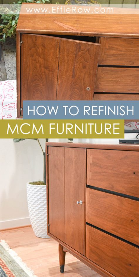 How to restore mid century modern furniture and achieve a perfect finish using steel wool. | #DIY #Minwax #MCM www.effierow.com Mid Century Sideboard Makeover, Mid Century Modern China Cabinet Makeover, 80s Furniture Makeover, Dark Mid Century Modern Bedroom, Mcm Bedroom Ideas, Upcycling Techniques, Diy Mid Century Modern Furniture, Mid Century Modern Dresser Makeover, Mid Century Modern China Cabinet