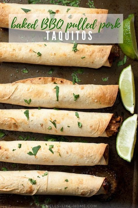 Baked BBQ Pulled Pork Taquitos: Perfect for any kind of party and easy enough to throw together for a quick dinner, these taquitos are a huge new favorite in our house. #baked #BBQ #barbecue #pork #taquitos #app #appetizer #snack #gameday #football #superbowl #cincodemayo #homemade #crunchy #spicy #shareable #party #texmex #quick #weeknight #dinner Pulled Pork Taquitos, Pork Taquitos, Pulled Pork Salad, Roasted Corn Salad, Healthy Recipes Crockpot, Barbecue Pulled Pork, Recipes Potato, Pork Salad, Dinner Recipes Healthy