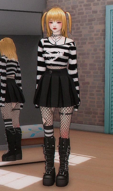 I didn’t mean to do this but got inspired by @verthu‘s POST ❤❤❤ Misa Sims 4 Cc, Sims 4 Misa Amane Cc, Misa Amane Sims 4 Cc, Sims 4 Cc Grunge Clothing, Sims 4 Alternative Cc, Misa Amane Outfit, Misa Amane, Shirt Dress Outfit, Free Sims